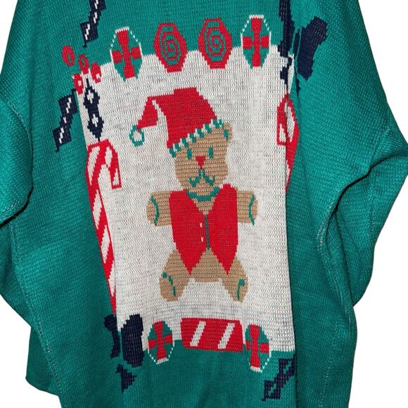 Vintage 80’s Ugly Christmas Sweater Green Teddy Bear Santa Retro Granny Core XL - Picture 2 of 10